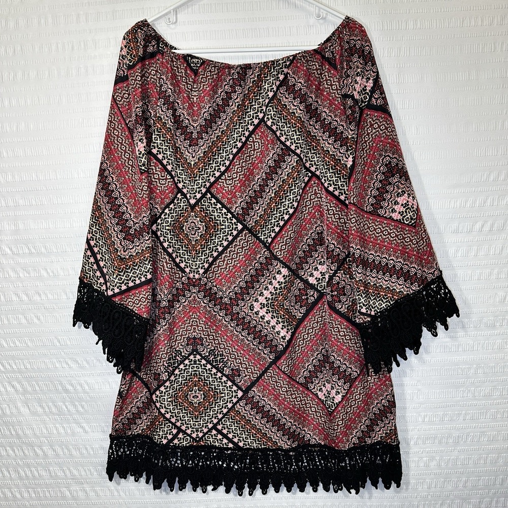Wrangler Boho Tunic Dress M Geometric Patchwork Crochet Lace Festival Top